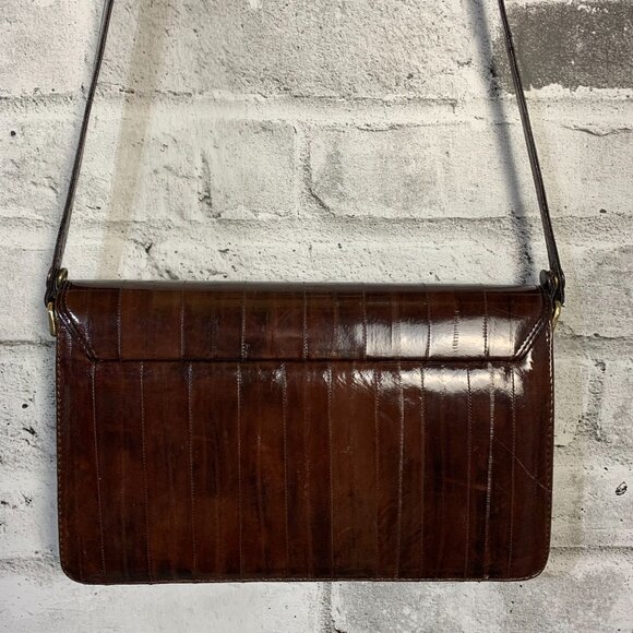 Vintage 80s Burgundy Eel Skin Shoulder Bag Crossbody Handbag Clutch Purse - Picture 5 of 16